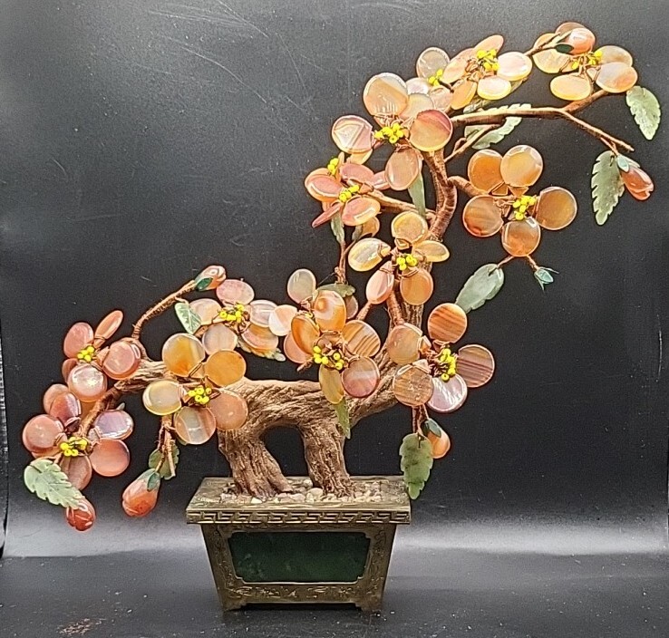 Chinese Carnelian & Green Nephrite Jade Bonsai Tree Brass Etched Base Hong Kong