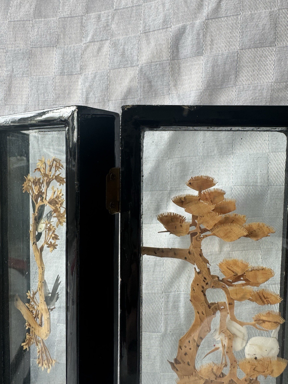 Chinese Cork Art Folding Screen 6 Panel Diorama Landscape Pagoda Black Lacquer