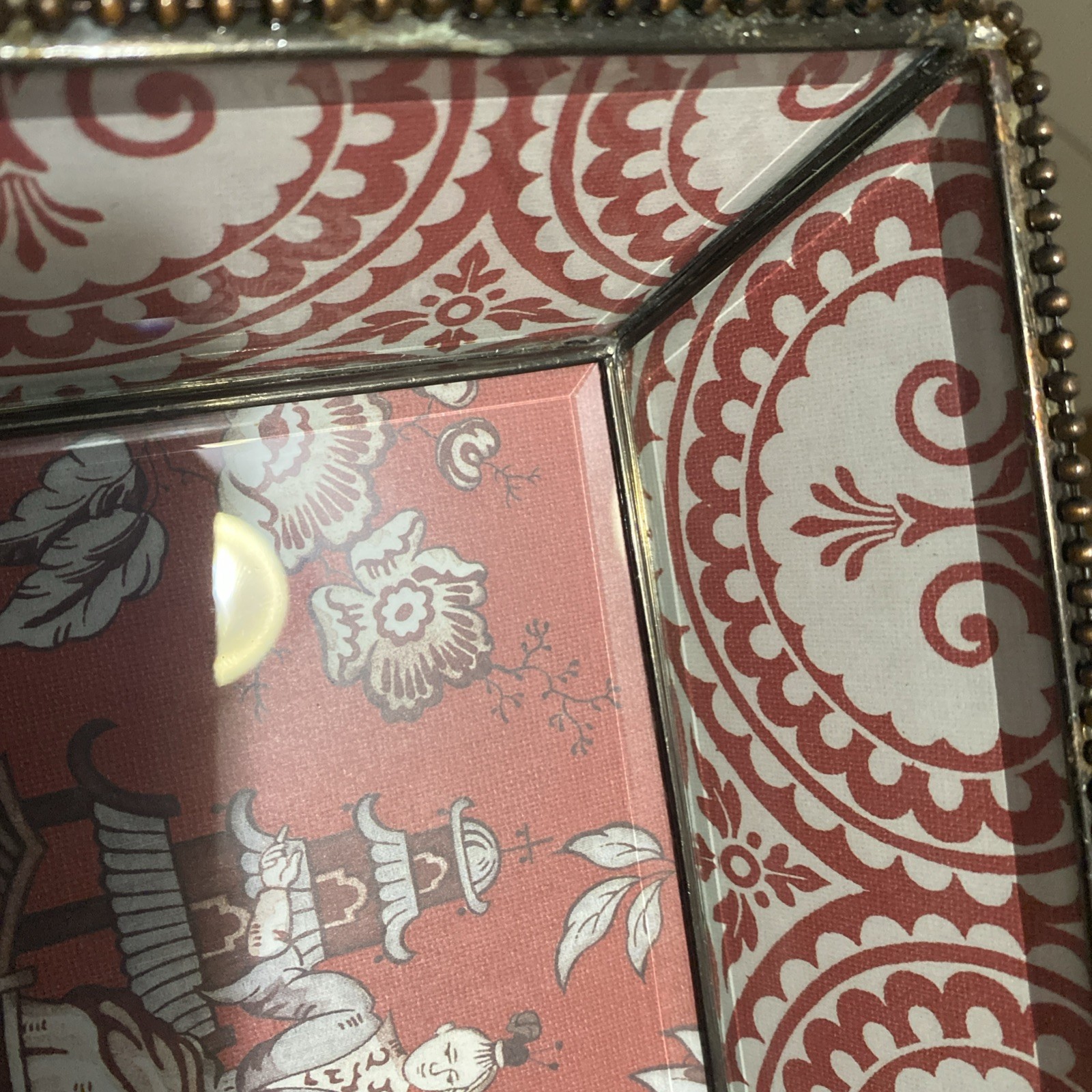 Vintage Chinoiserie Leaded glass Tray Chinese Culture Designs Reddish Pink