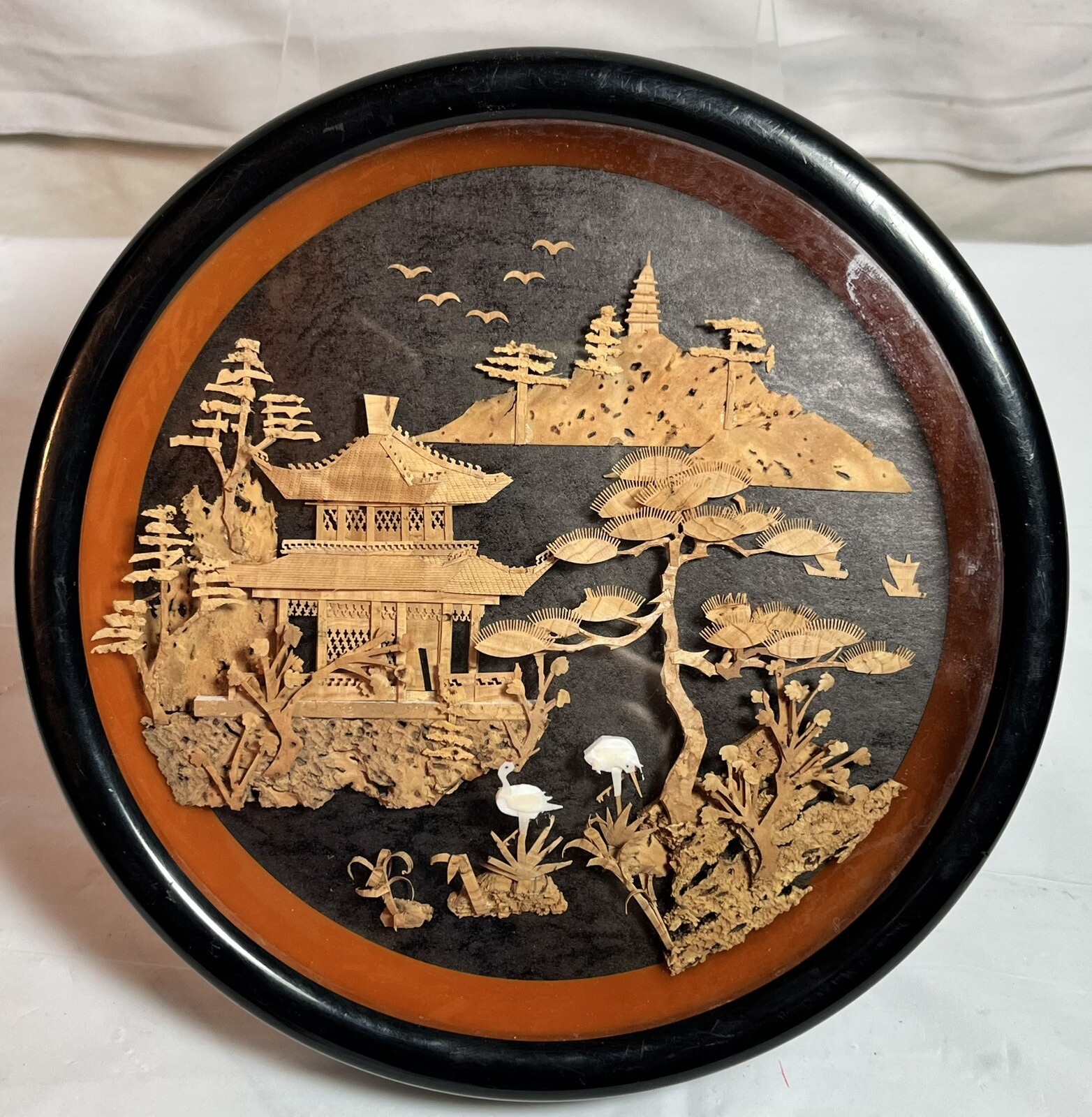 Decorative Plate Made From Cork Wood. VTG Cork Panel Depicting Pagodas Cranes
