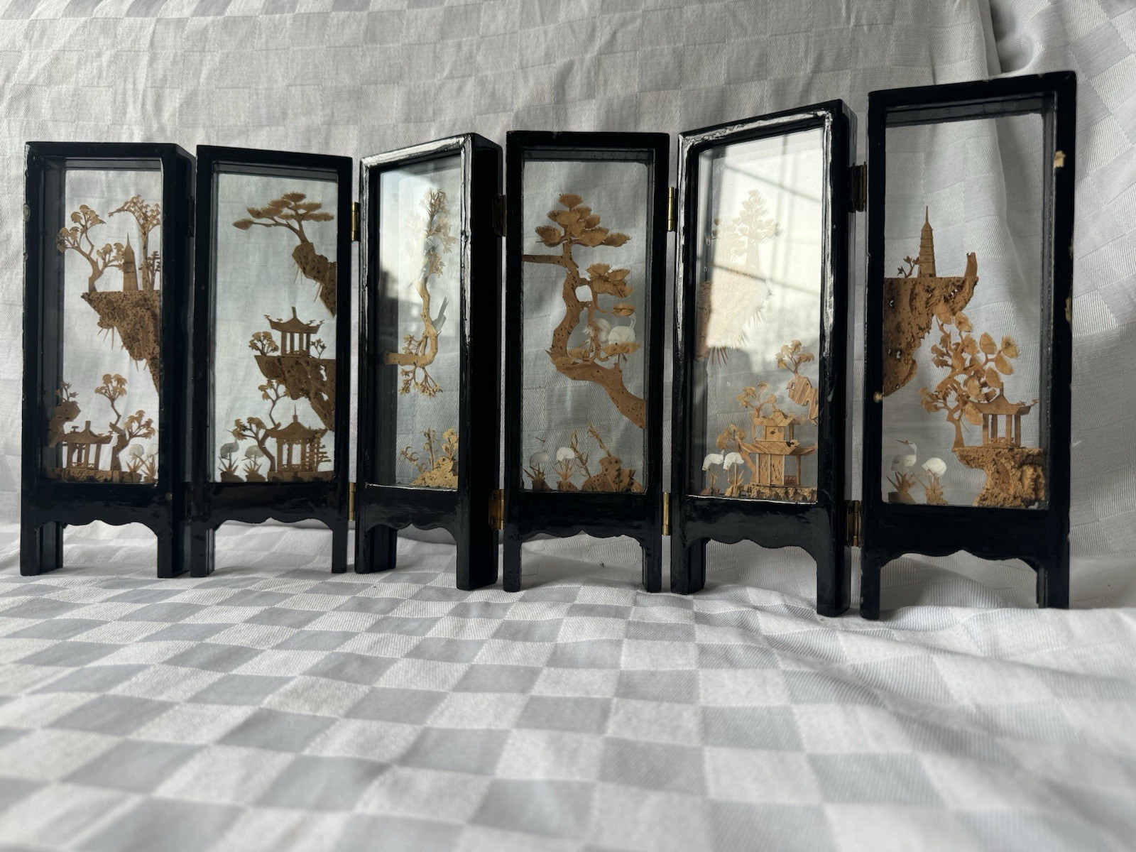 Chinese Cork Art Folding Screen 6 Panel Diorama Landscape Pagoda Black Lacquer