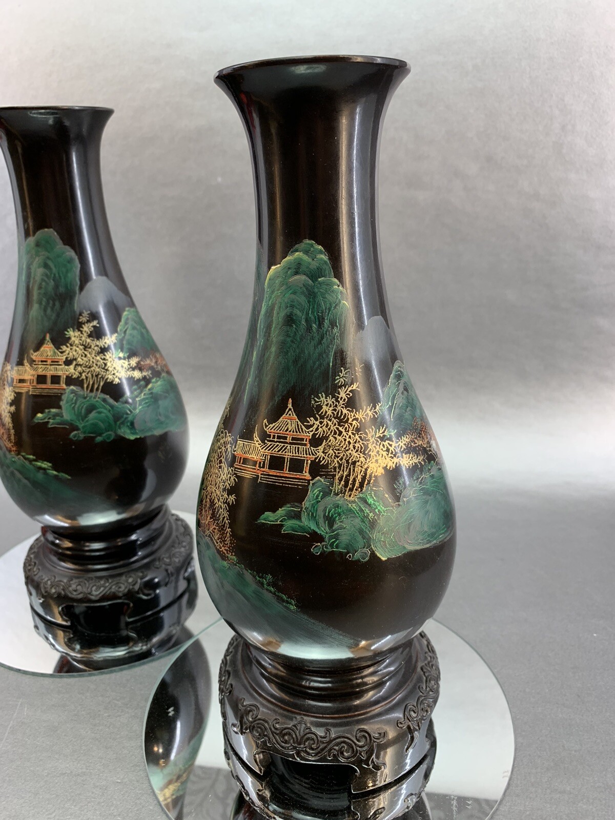 ONE Chinese Hand Painted Fuzhou Foochow Black Lacquerware 9” Vase Lacquer Asian
