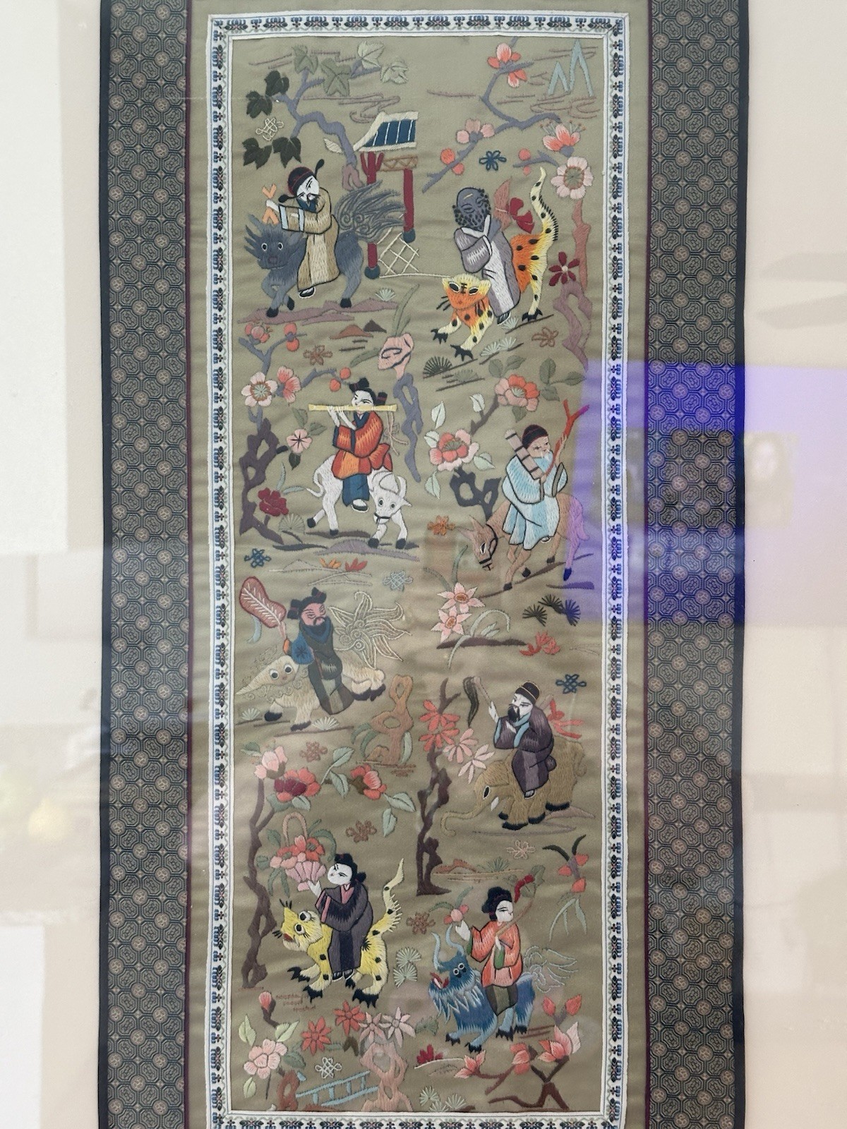 Chinese hand embroidered silk Art Piece Framed. The Actual Piece 27 X 13”