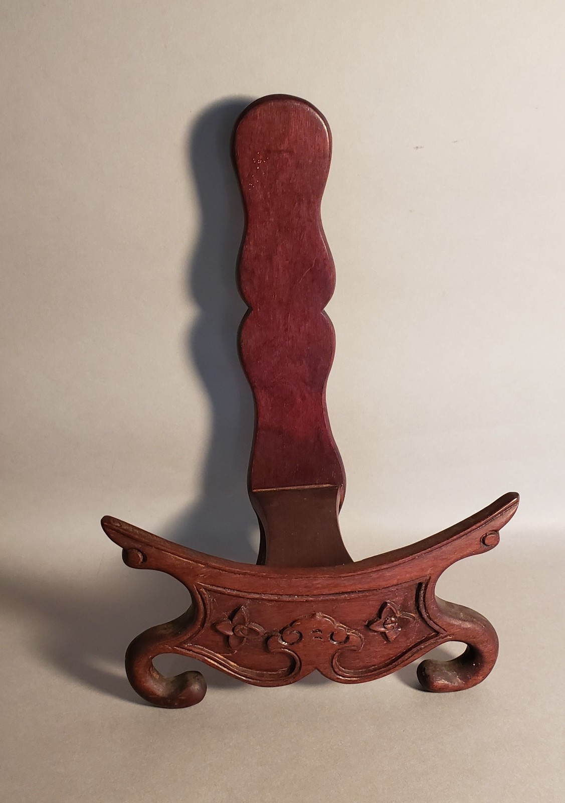 Vintage Carved Chinese Brown Wood Stand for Large Plate or Charger 10″ H