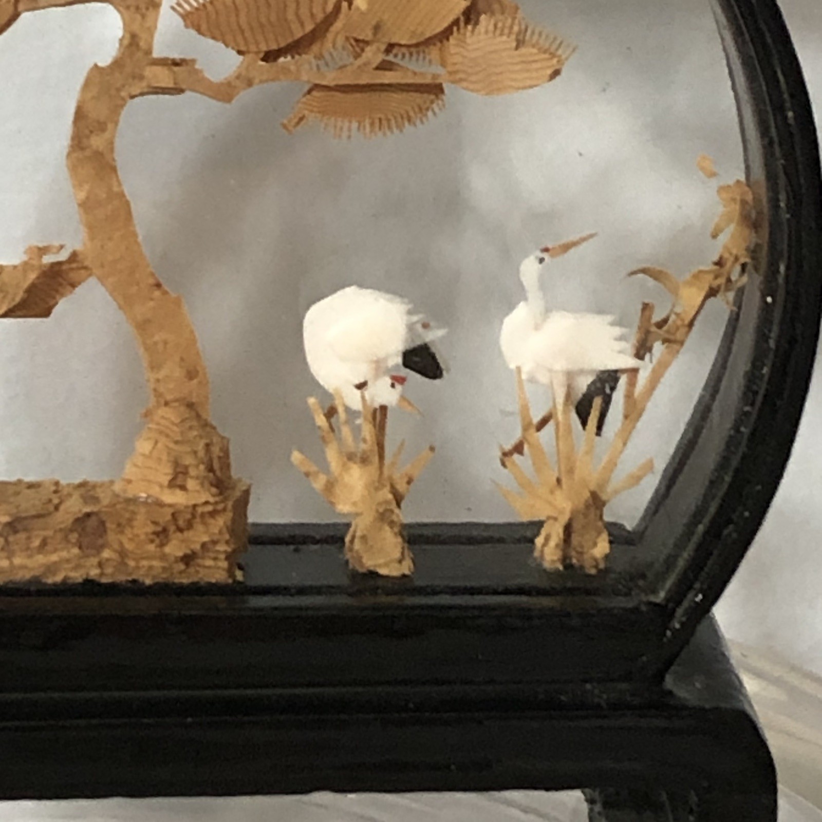 Chinese Hand Carved Cork Diorama Trees Birds House 3D Glass Dark Wood Frame Art
