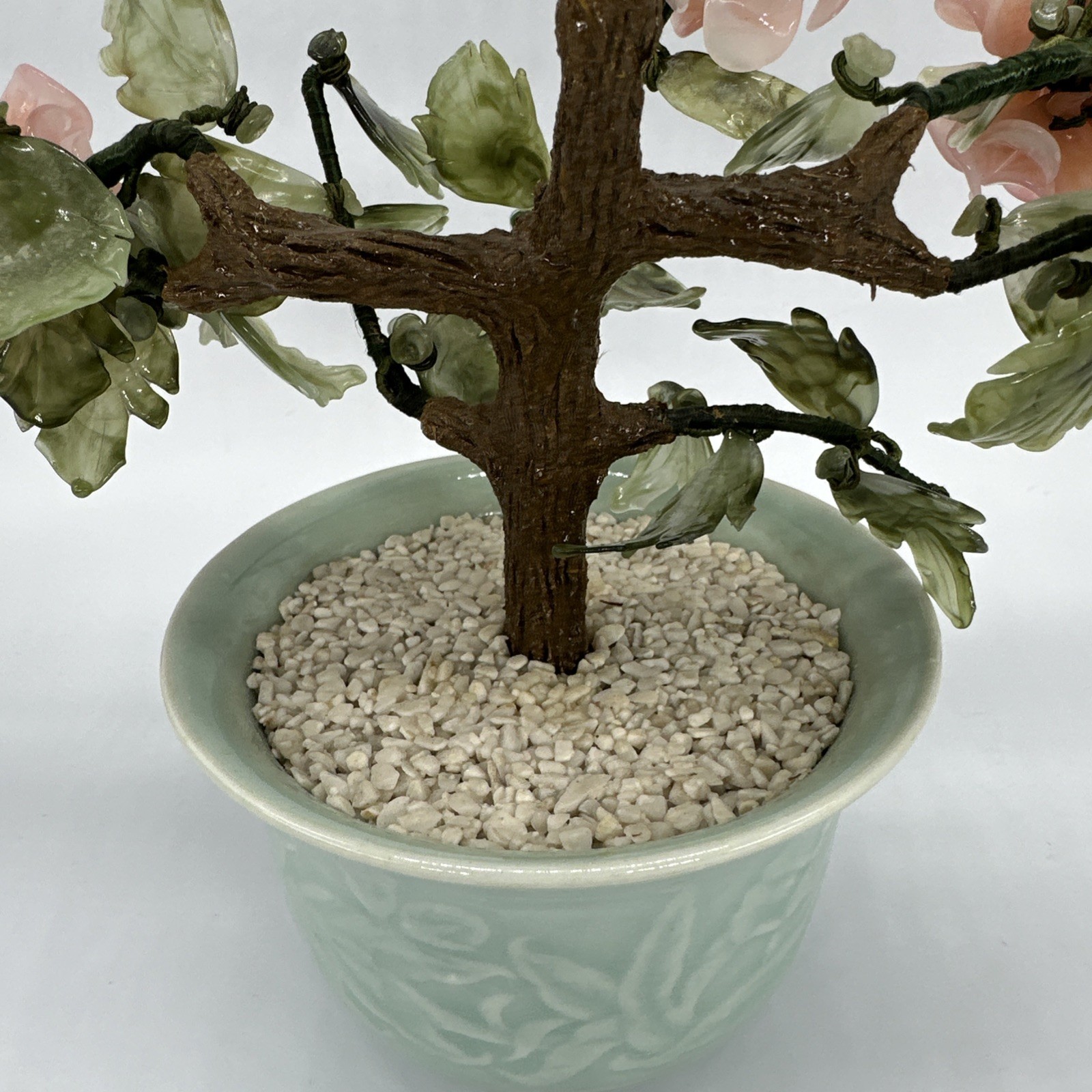 Vtg Chinese Jade Glass Cherry Blossom Bonsai Tree Pink Flower Celadon Pot 11×9.5