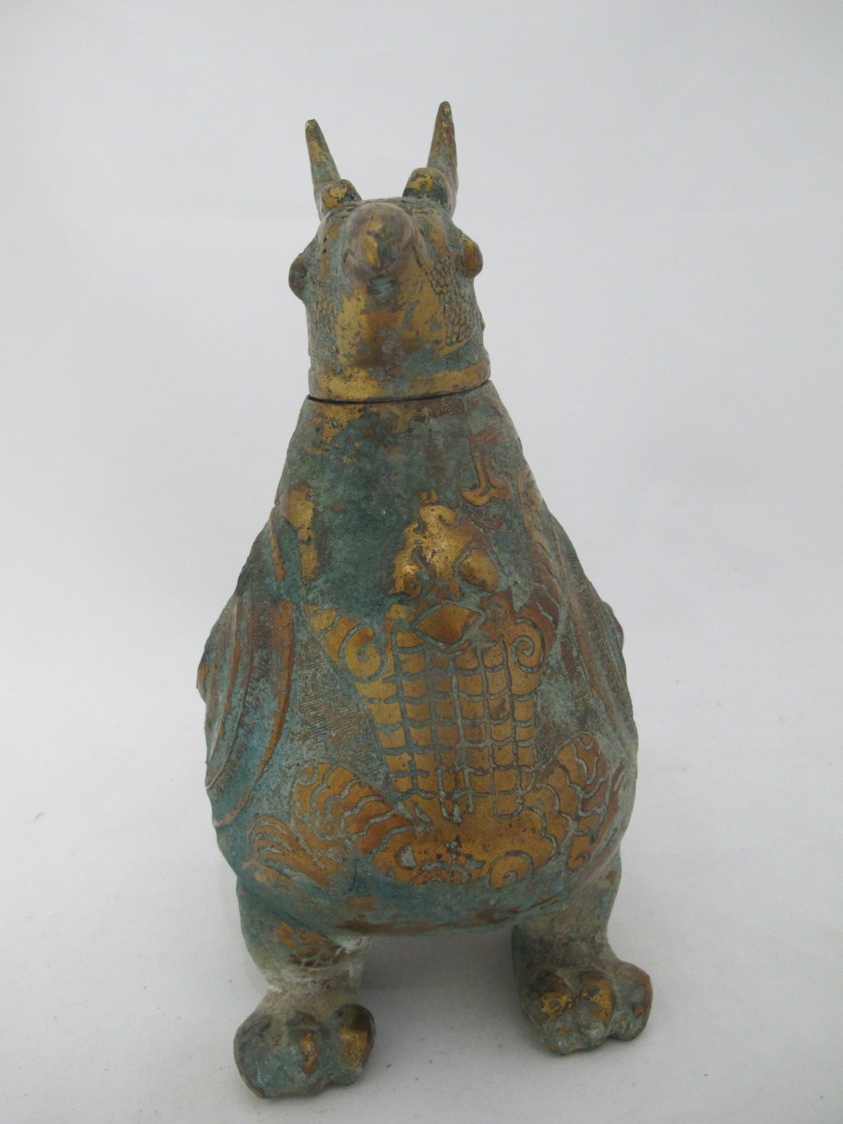 CHINESE Archaic BIRD Bronze Ware Gold Toad Accent Ritual WINE Vessel Pitcher