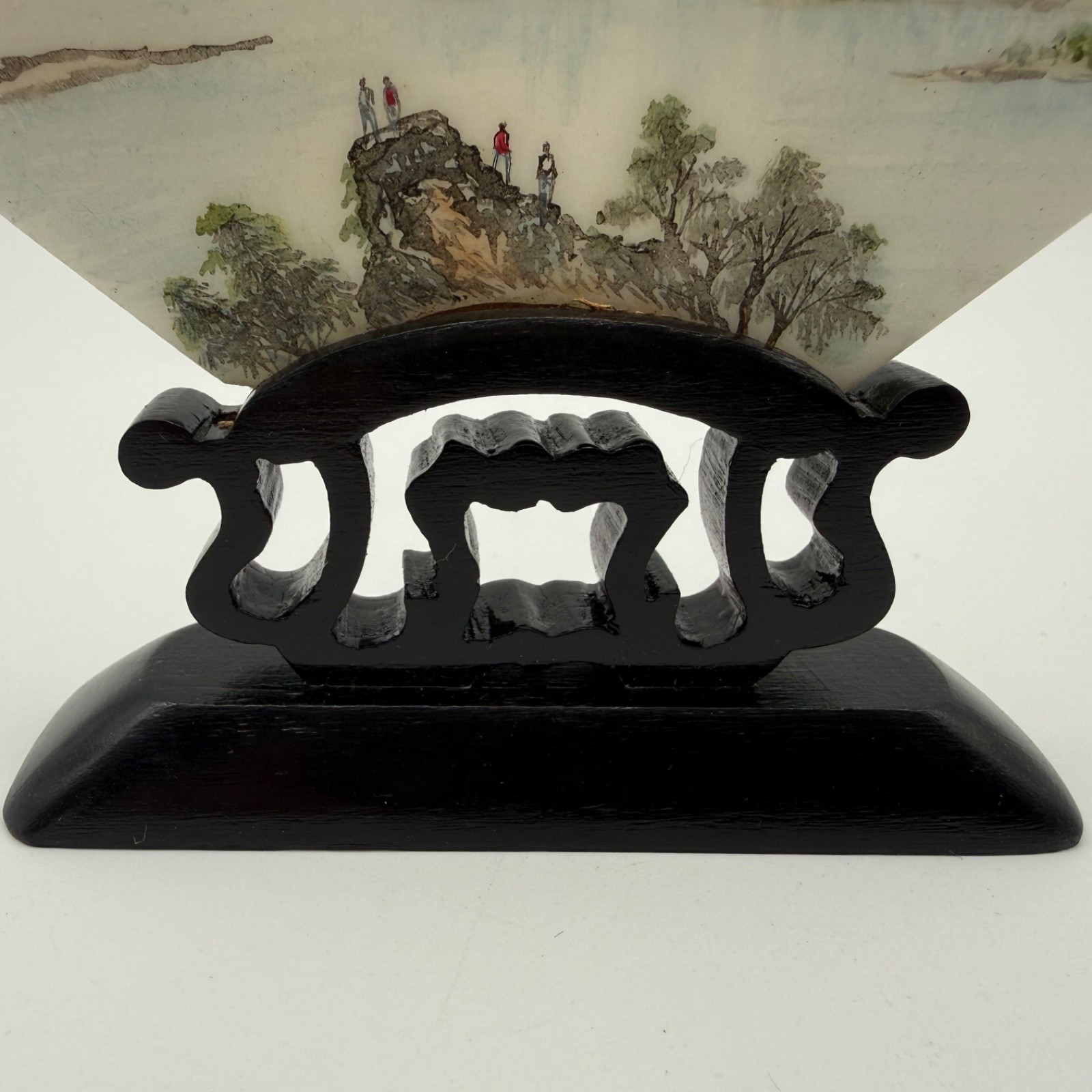 Vintage Chinese Hand Painted Marble Plaque Fan Shaped Landscape Wood Stand
