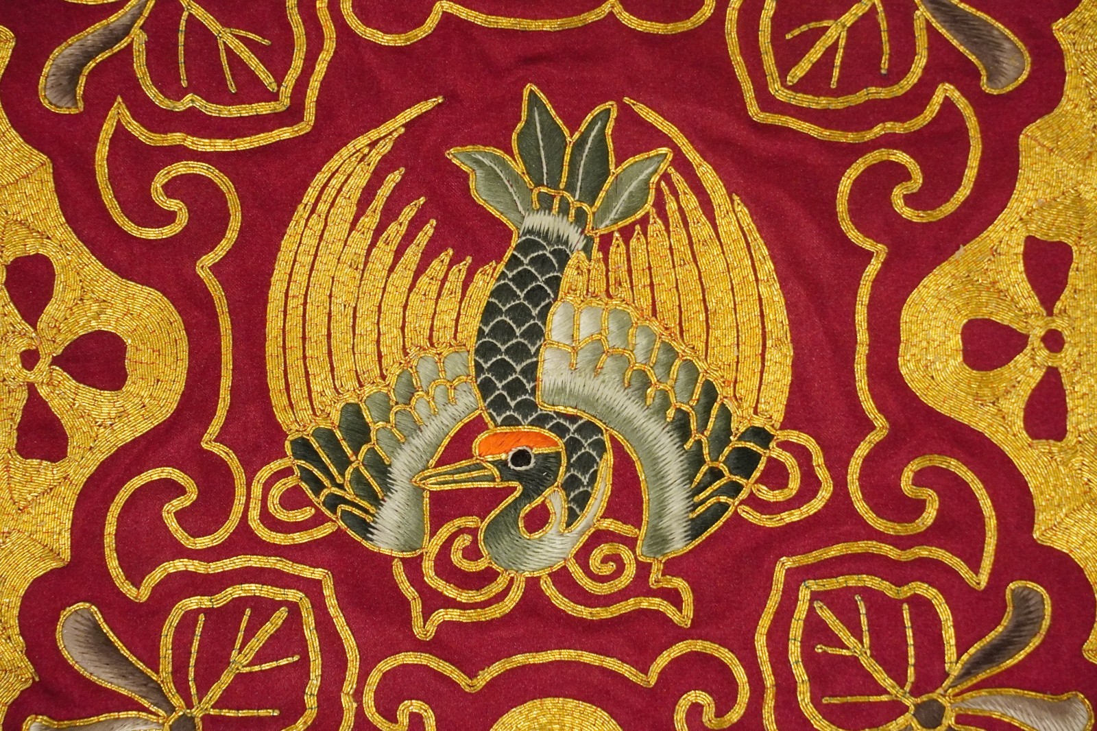 3 Vintage Chinese Embroidered Silk Crane Medallion Mats 7 3/4″ Inch Metal Thread