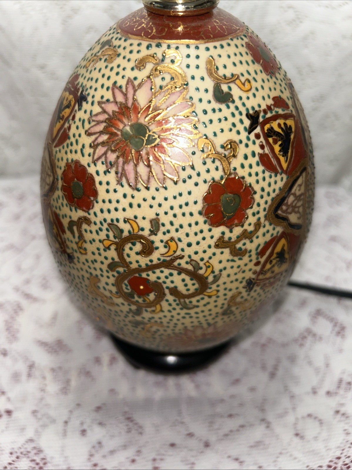 Vintage Chinese Cloisonné Ceramic Hand Painted Egg Lamps With Wood Stand