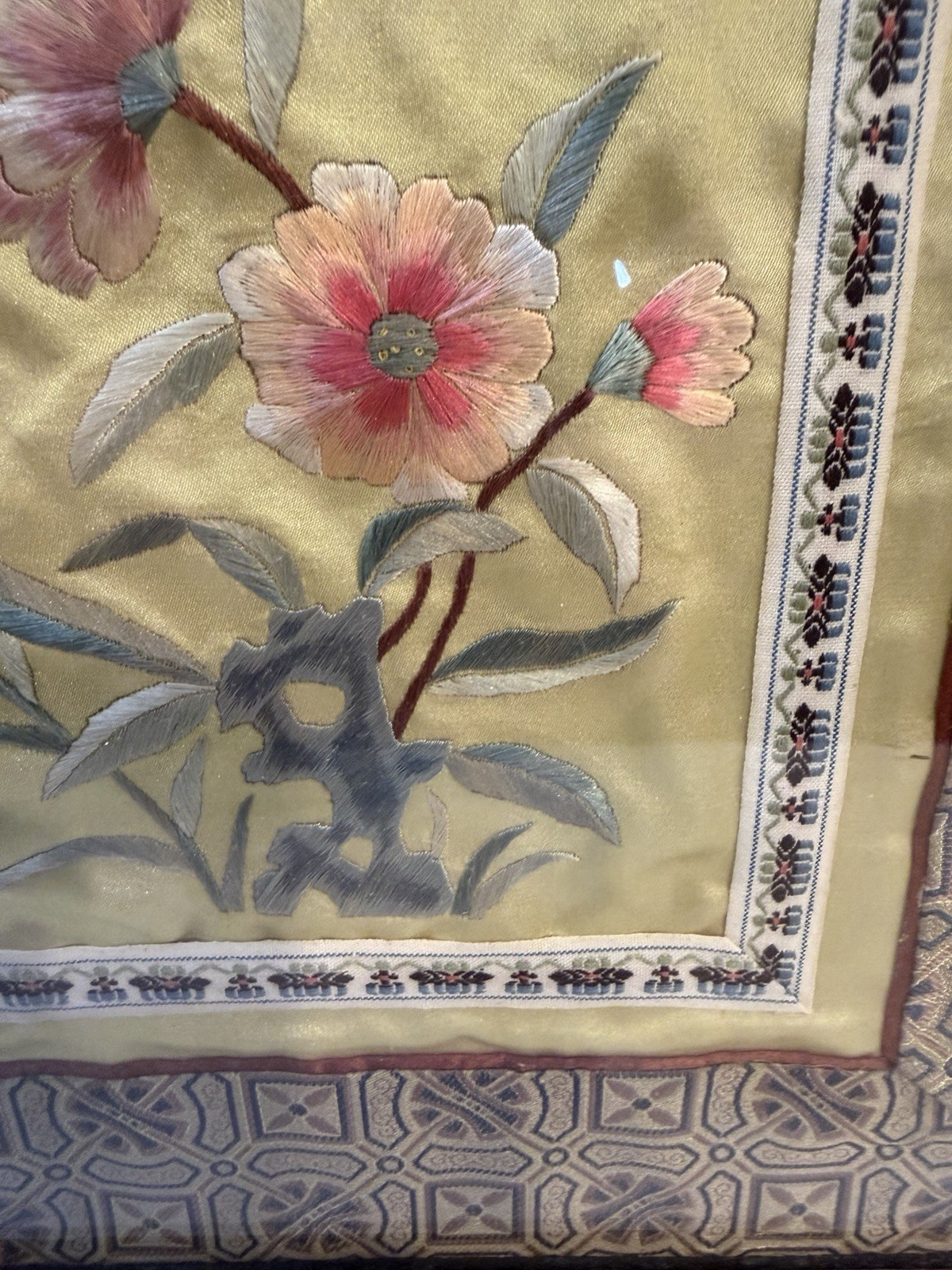 Vintage Bamboo Style Framed Chinese Silk Embroidered Panel Floral Art 12″