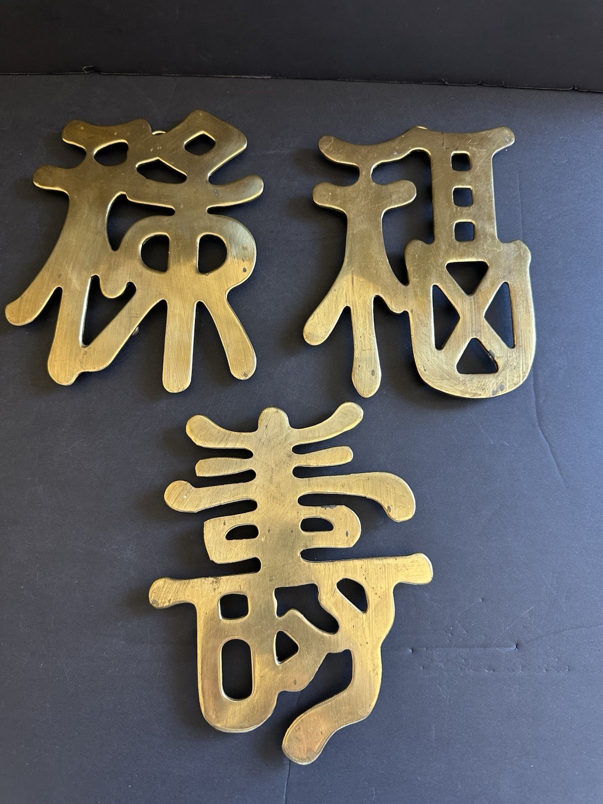3 Chinese Symbols Solid Brass Wall Decor Trivets Happiness Good Luck Long Life