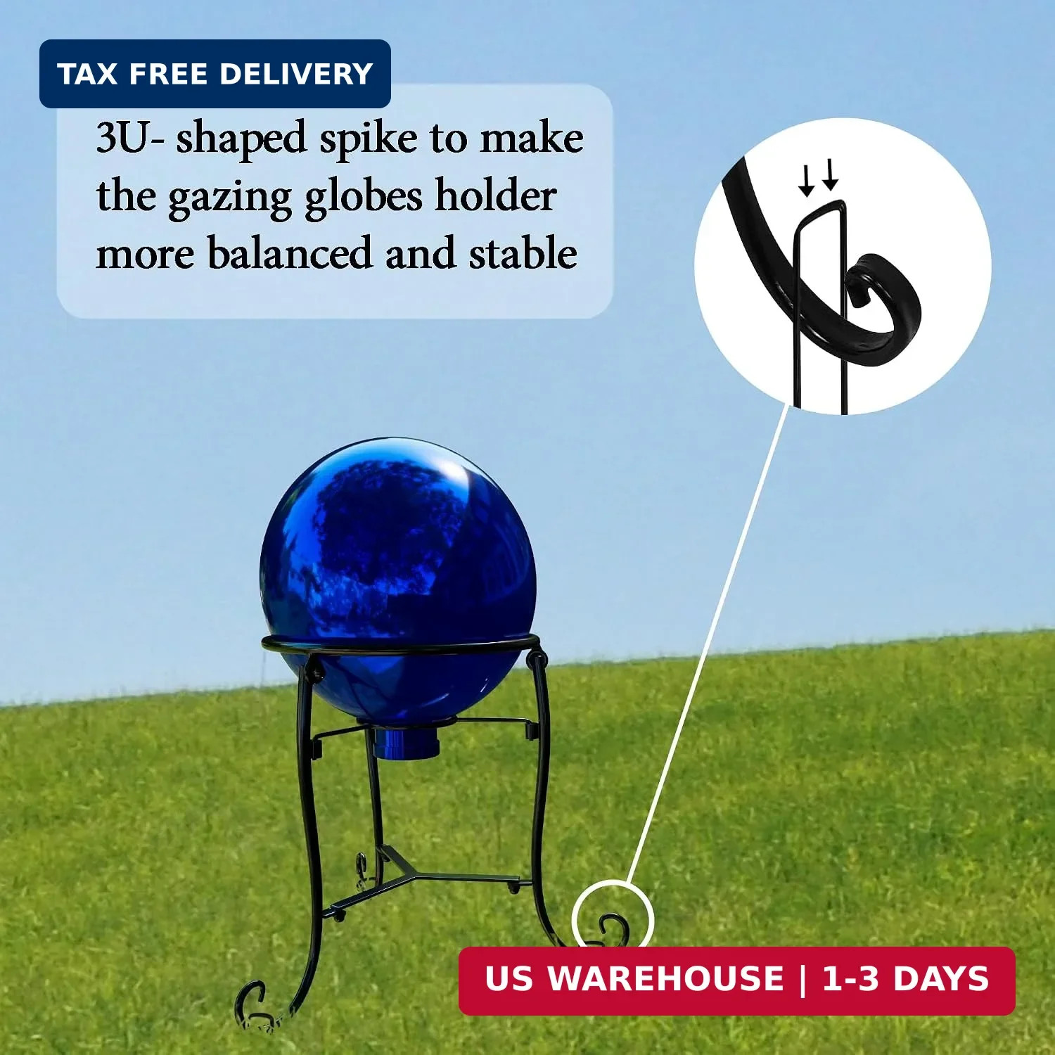 10″ Tall Gazing Ball Stand for 8-10 inch Balls, Black Metal Gazing Globe Display