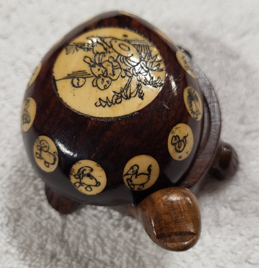 Vintage Carved Wood Turtle with Inlaid Chinese Zodiac Signs Opens to Compass
