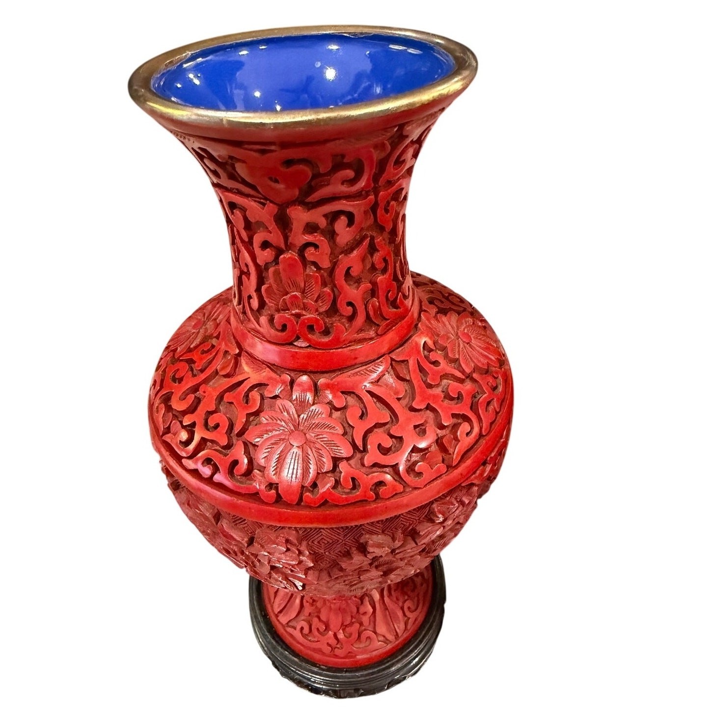 Pair of Vintage Chinese Cinnabar Lacquer Vases Beijing Forbidden City 9″ Peony