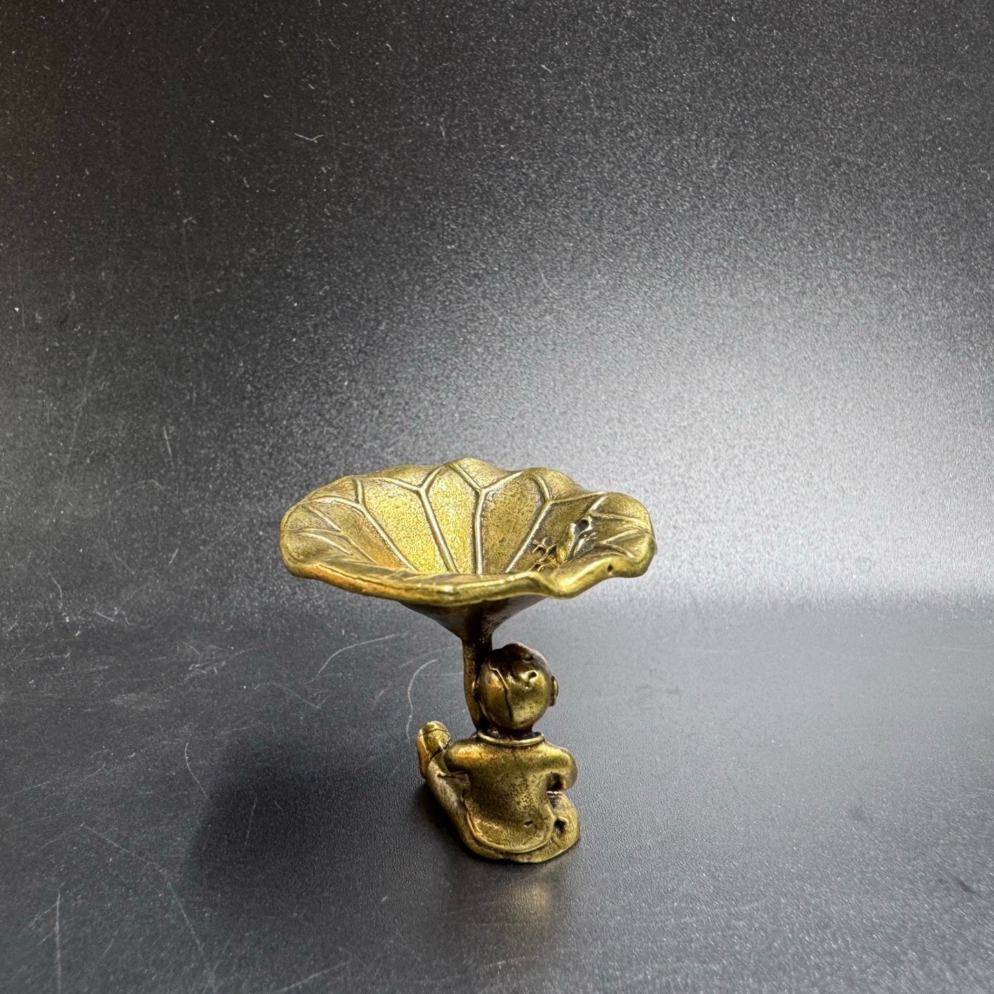 Vintage Brass Boy Holding Lotus Leaf Tray Incense Holder Tiny Jewelry Storage