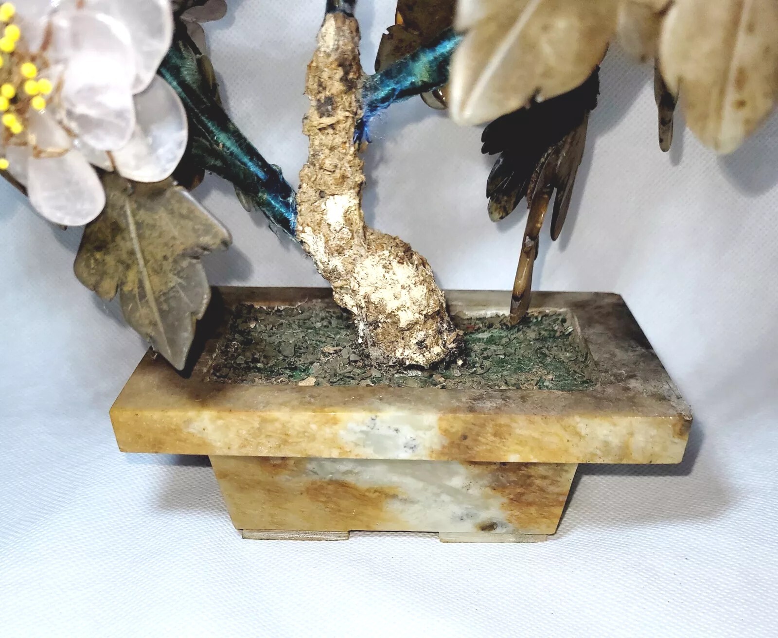 Vintage Chinese Jade/Rose Quartz/Carnelian Bonsai Tree With Brown Marble Base