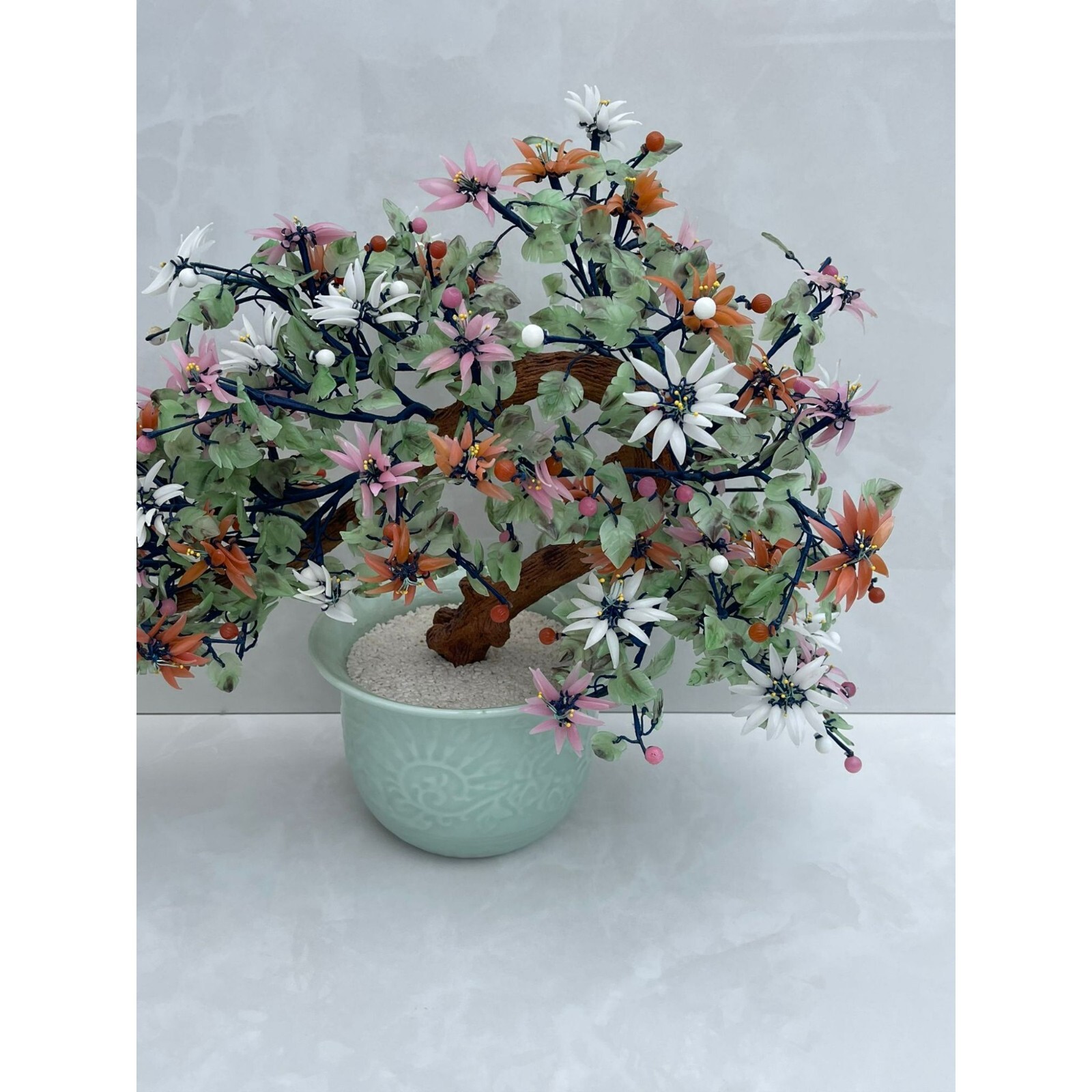 Vintage Collection Large Glass Chinese Jade Stone Bonsai Tree Multicolor Sz 29in