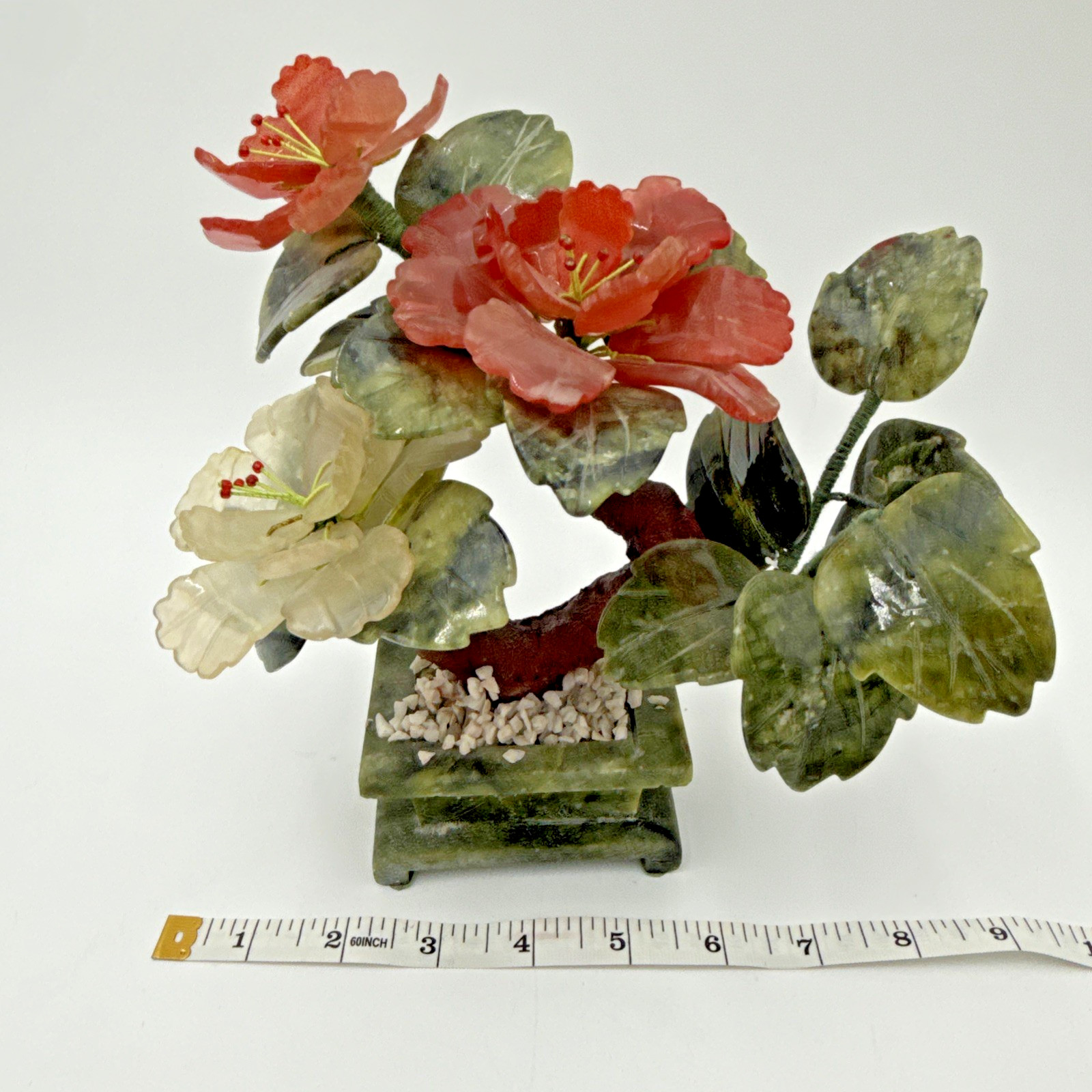 Vintage Chinese Jade Quartz Bonsai Tree Floral In Celadon Pot Carved Flower Tree