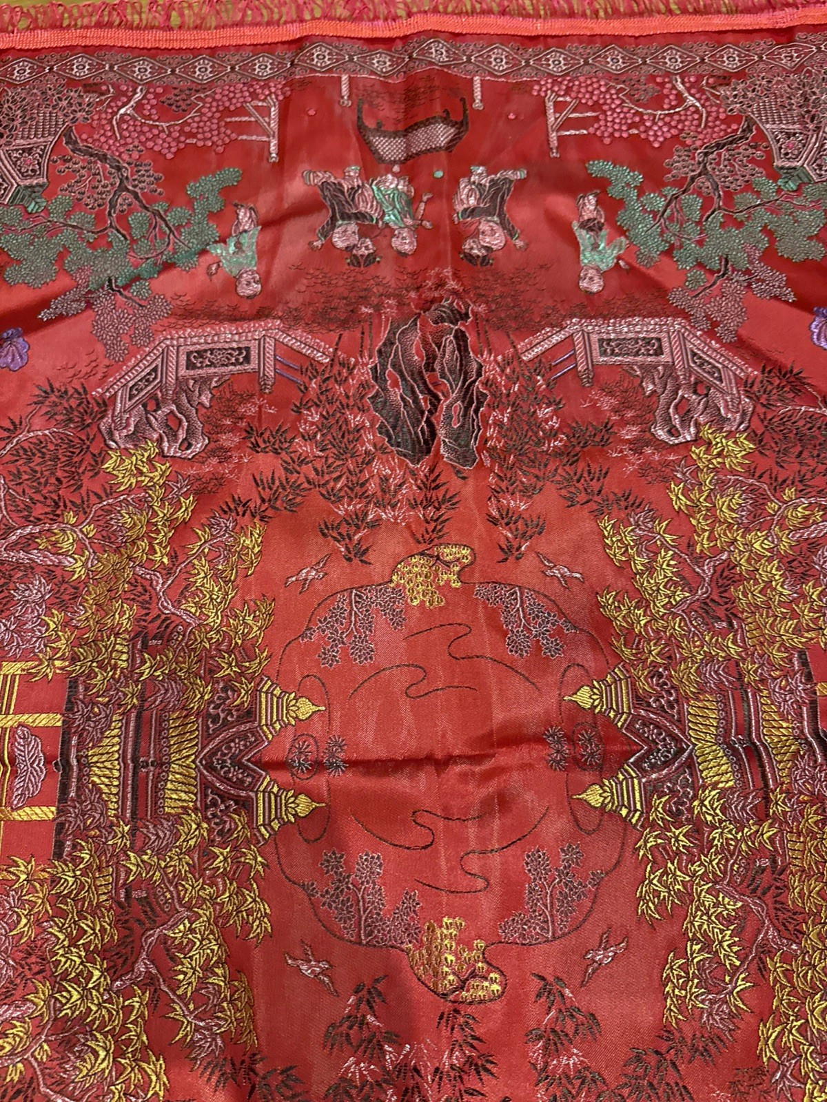 Vintage Brocaded Flowers Chinese Silk Tapestry Table Cloth 38” X 38”