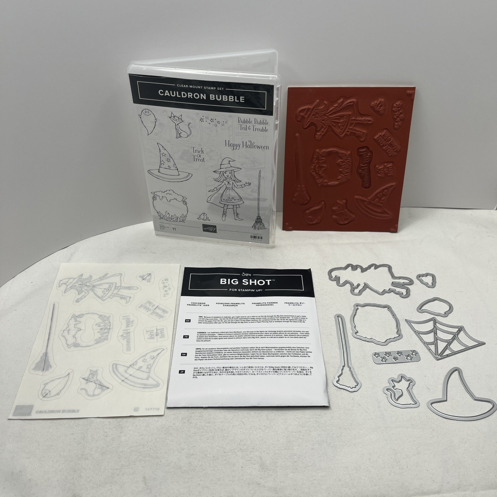 Stampin Up CAULDRON BUBBLE Stamp Set & Dies Halloween Witch Hat Broom Cat