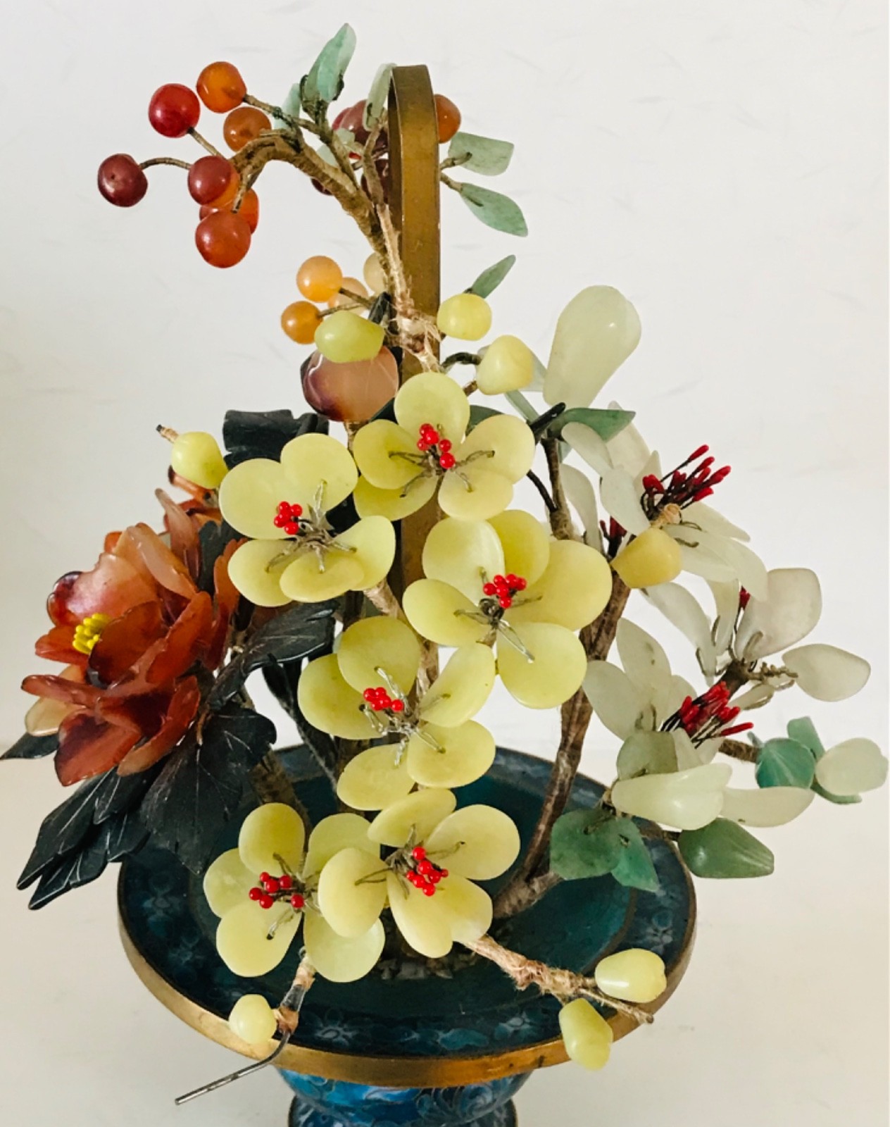 Chinese Cloisonne Jade Tree Flower Basket 8″ Inches Tall