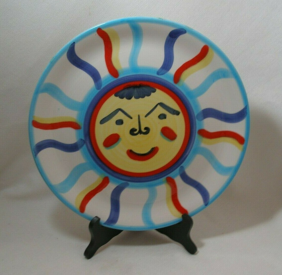 Colorful Decorative Plate Sunburst Ceramic Made in ITALY & Wood Stand Vintage
