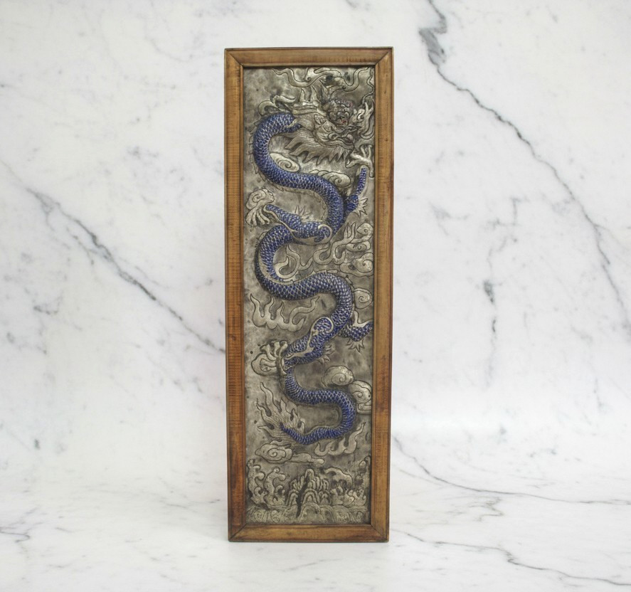CHINESE Silver Metal Relief Blue Enamel Painted DRAGON Panel in Wood Frame