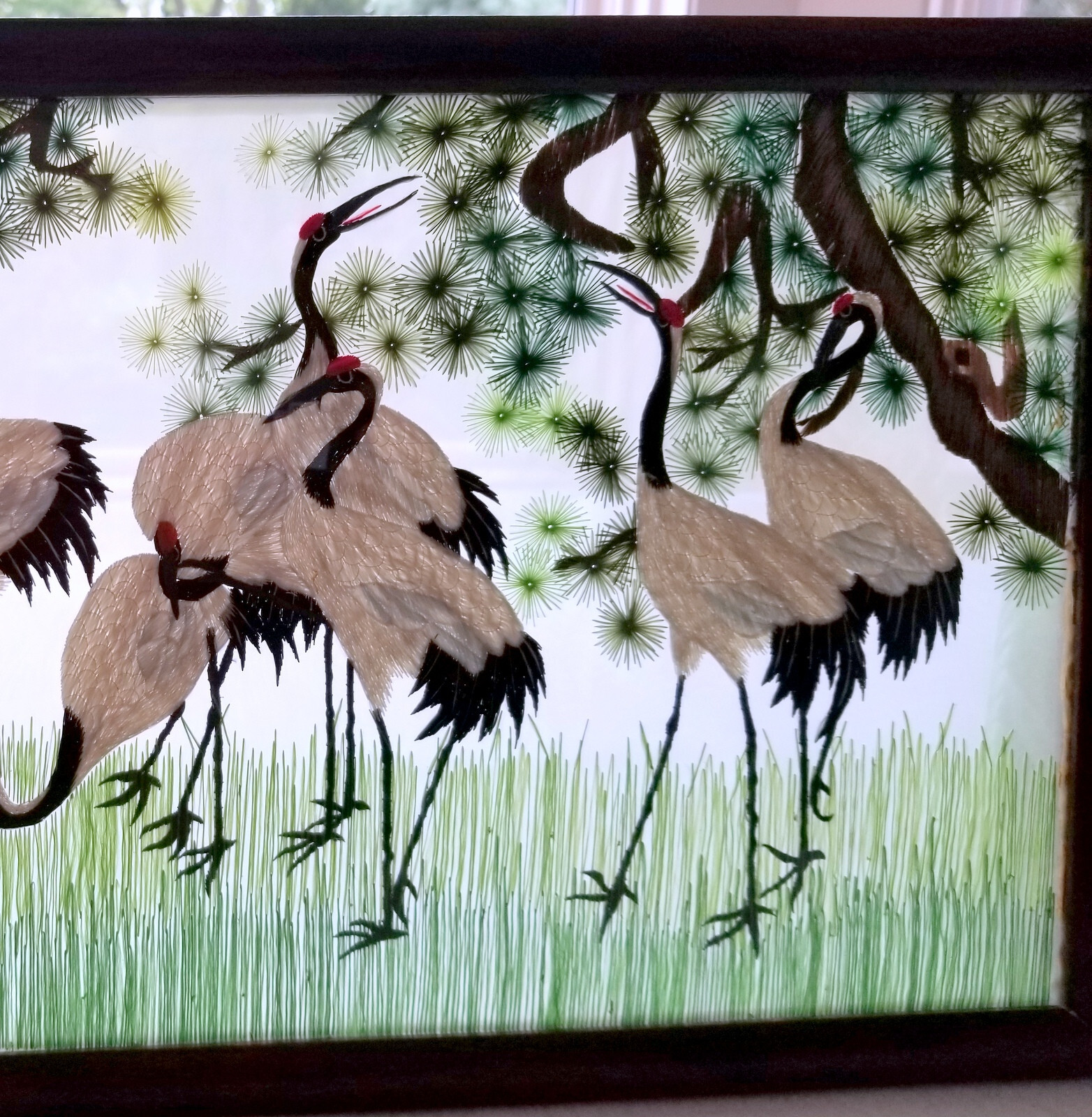 Vintage Chinese Su Silk Embroidery Double Sided Frmd 20.5″ Red Crowned Cranes