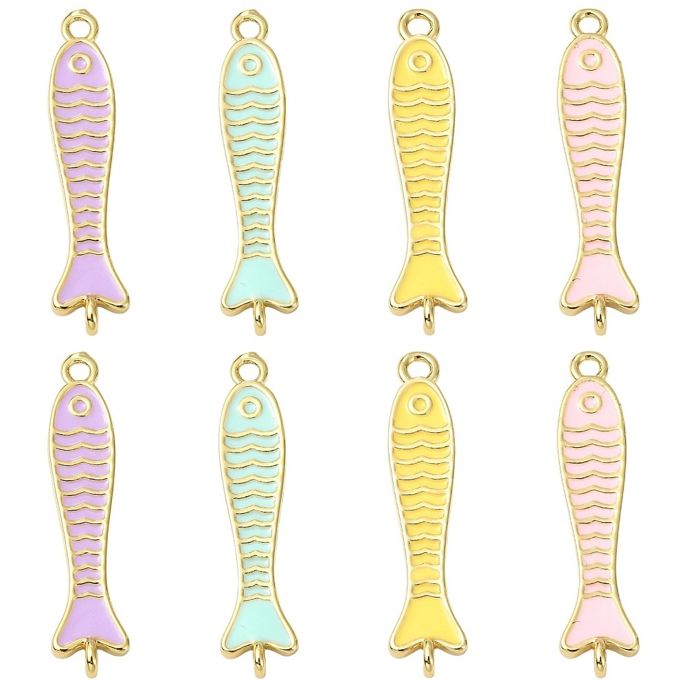 8pcs Brass Enamel Fish Connector Charms, Real 18K Gold Plated Fish Pendants DIY