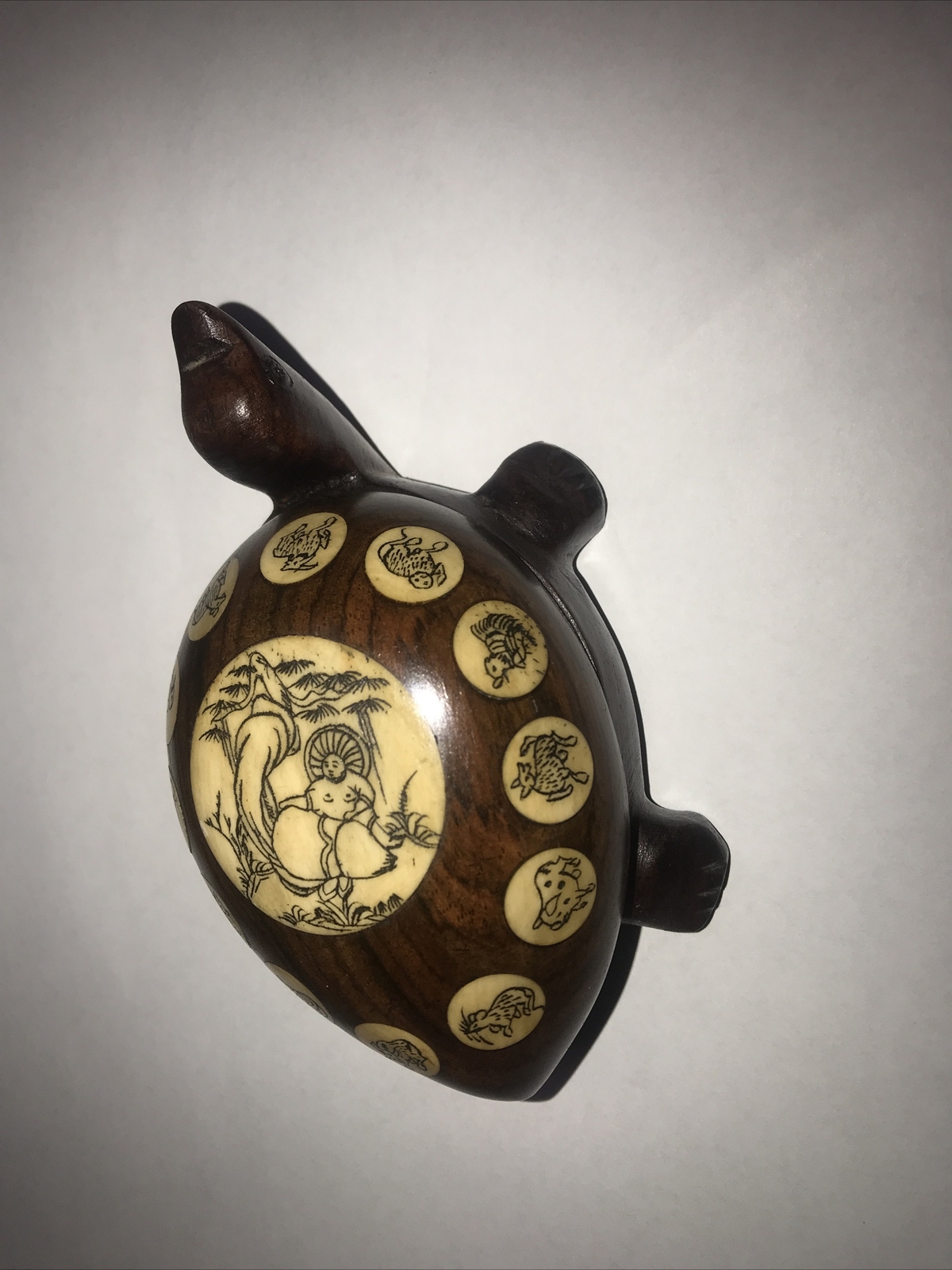 Vintage Carved Wood Turtle with Inlaid Chinese Zodiac Signs Opens to Compass 183