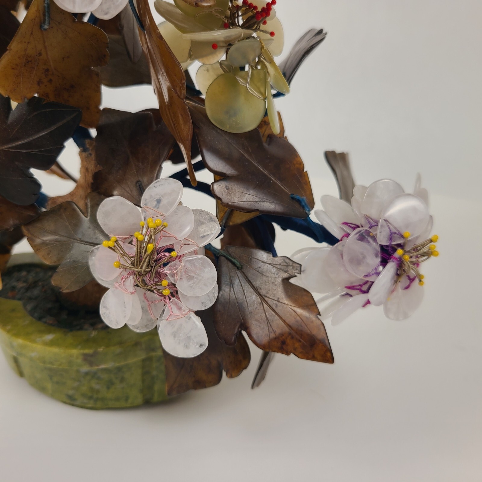 Vtg MCM Carved Agate Jade Quartz Bonsai Tree Flower Blossom Plant 11″ Tall Asian