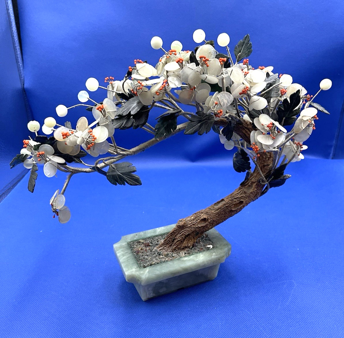 Vintage Large Chinese Jade Base Gemstone Flowers Bonsai Tree Sculpture 989