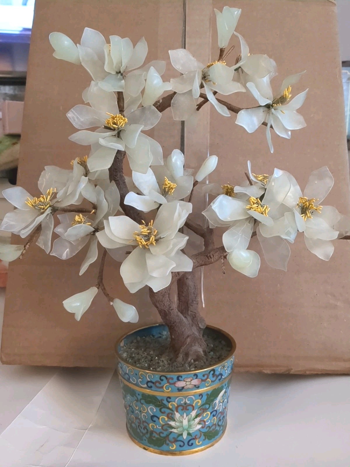 Vintage Chinese Asian Jade?Bonsai Tree White Blossom Cloisonne Floral Pot Stone