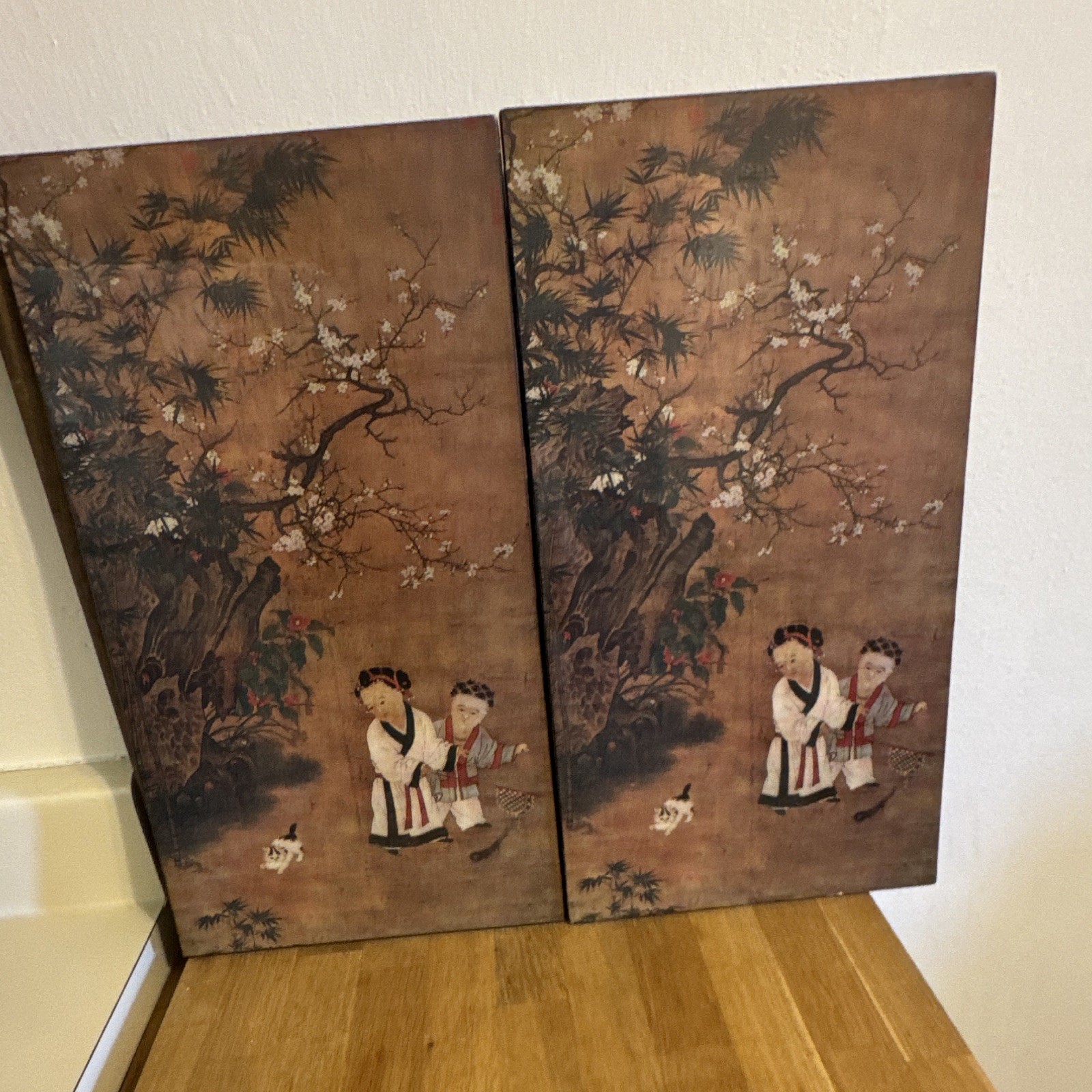 Chinese-Style Painted Wood Panel Pair Wall Art, Children Under Blossom Tree