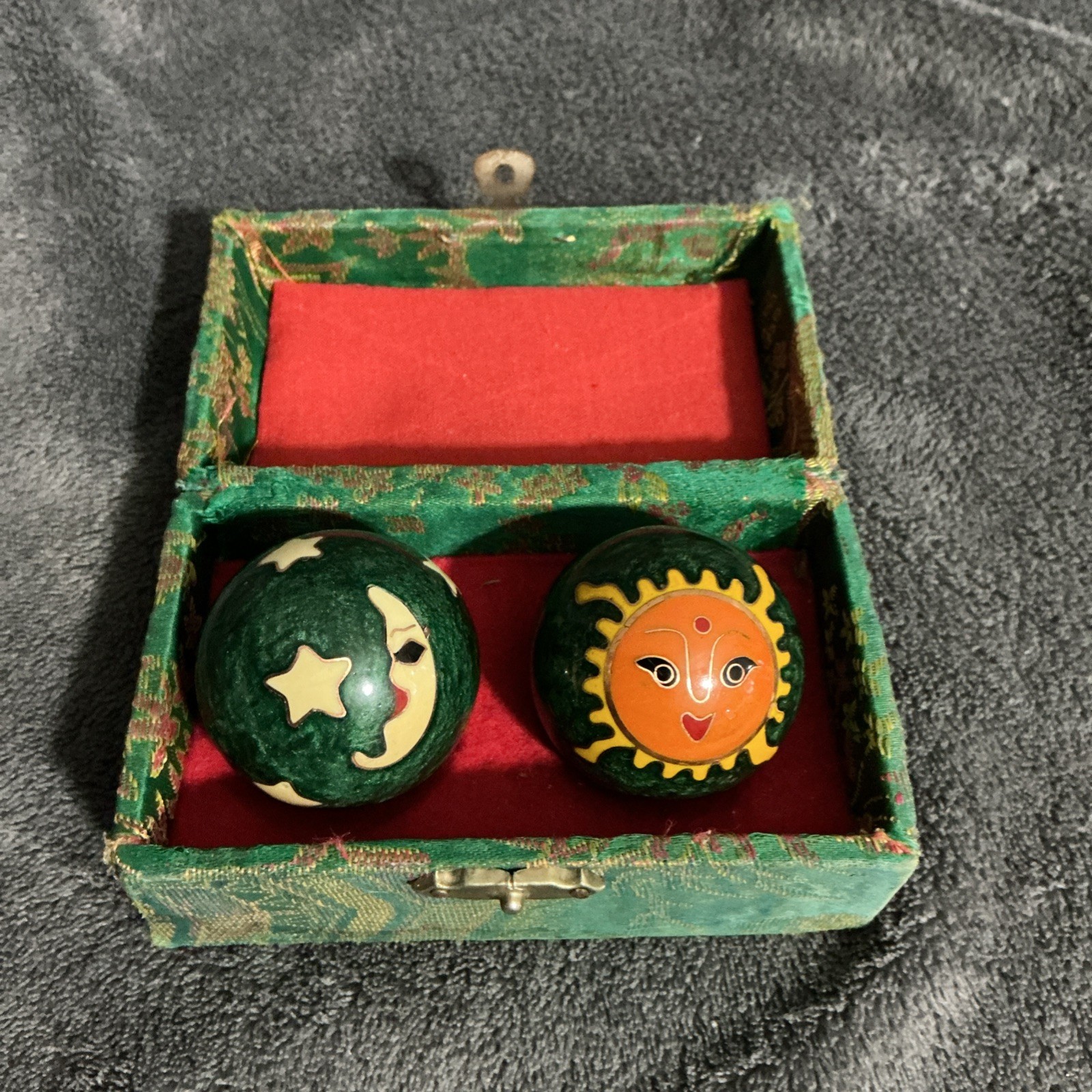 Set of 2 Vintage Chinese Baoding Sun and Moon Iron Balls 5” Green Box Included