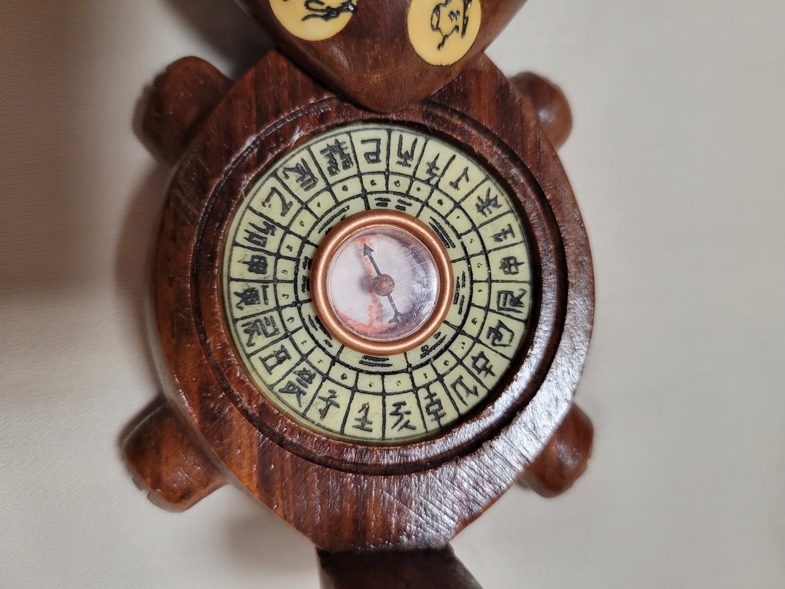 Vintage Asian Carved Wooden Turtle, Opens with Compass and Zodiac Signs
