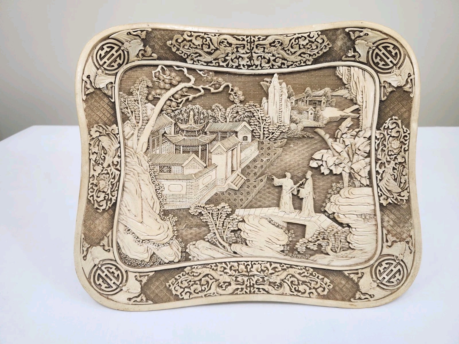 Vintage Asian Carved Look Resin Tray Landscape Figures Scene 14″ x 12″ Chinese