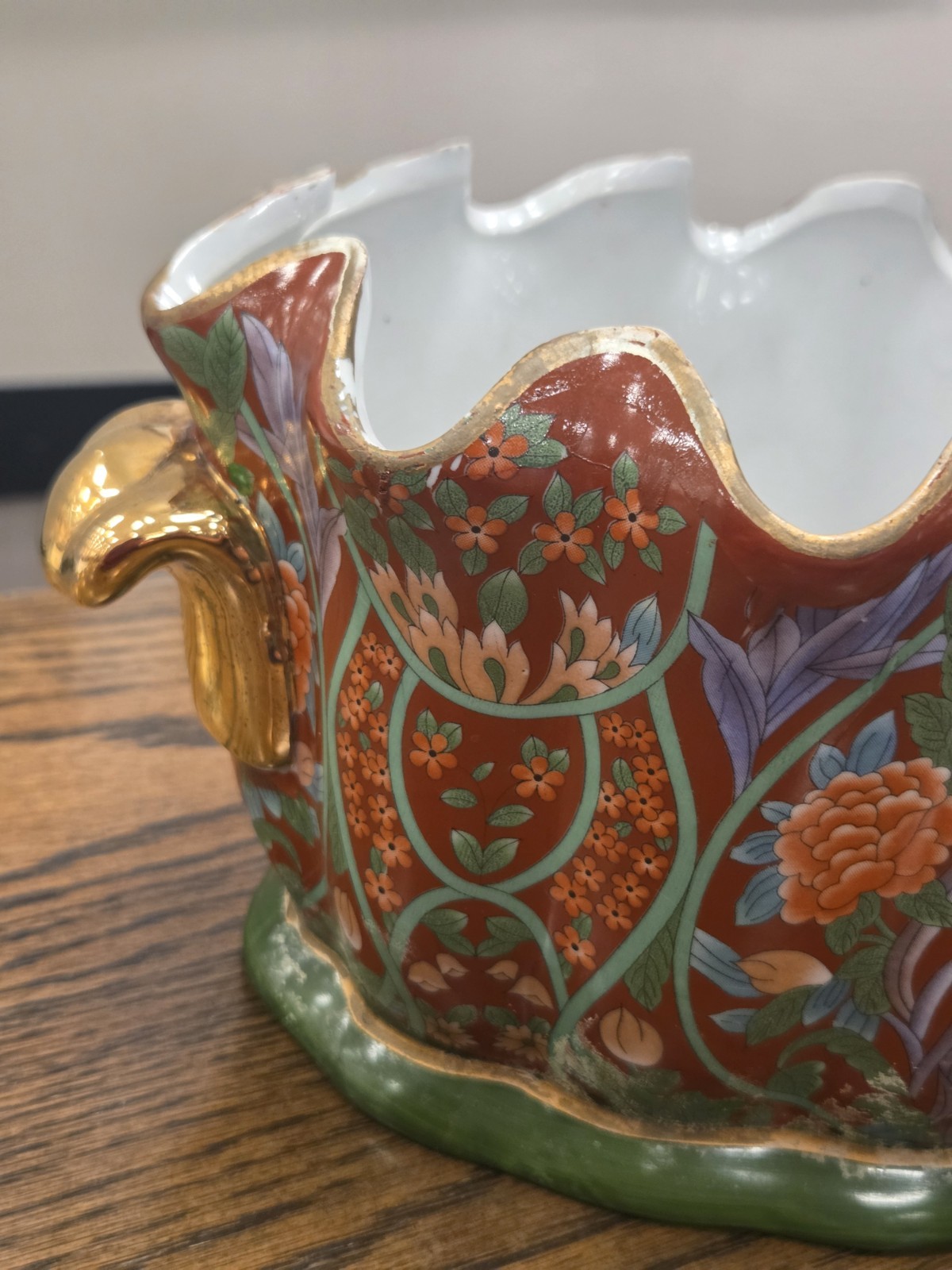Chinese Foot Bath Satsuma Style Floral Red Vtg Porcelain Jardiniere Gold