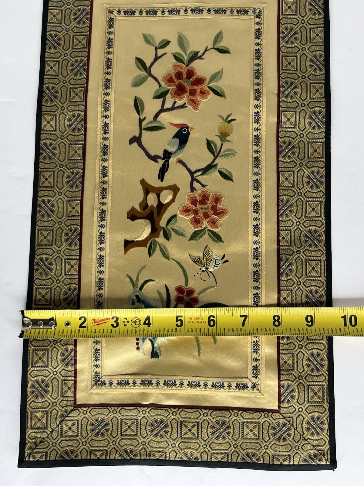 Vintage Embroidered 100% Silk Tapestry Wall Hanging Panel Birds Flowers 17”x9.5”