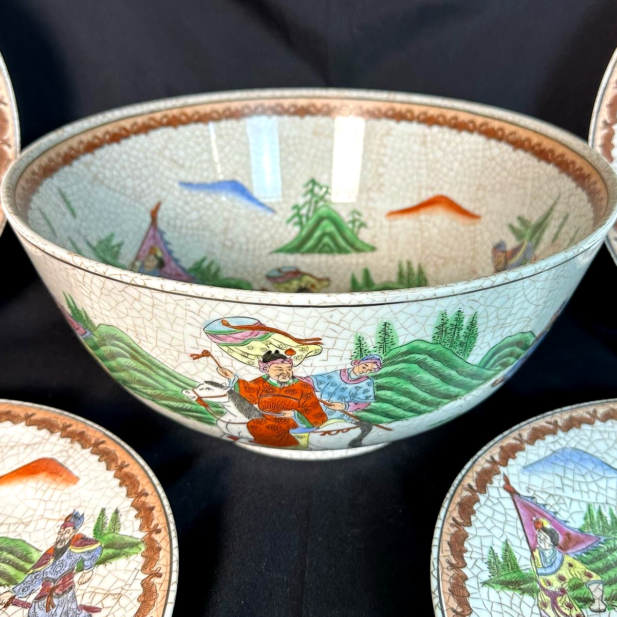 Chinese Porcelain Vintage Large 12.5″ Bowl with Four 10.5″ Matching Plates!