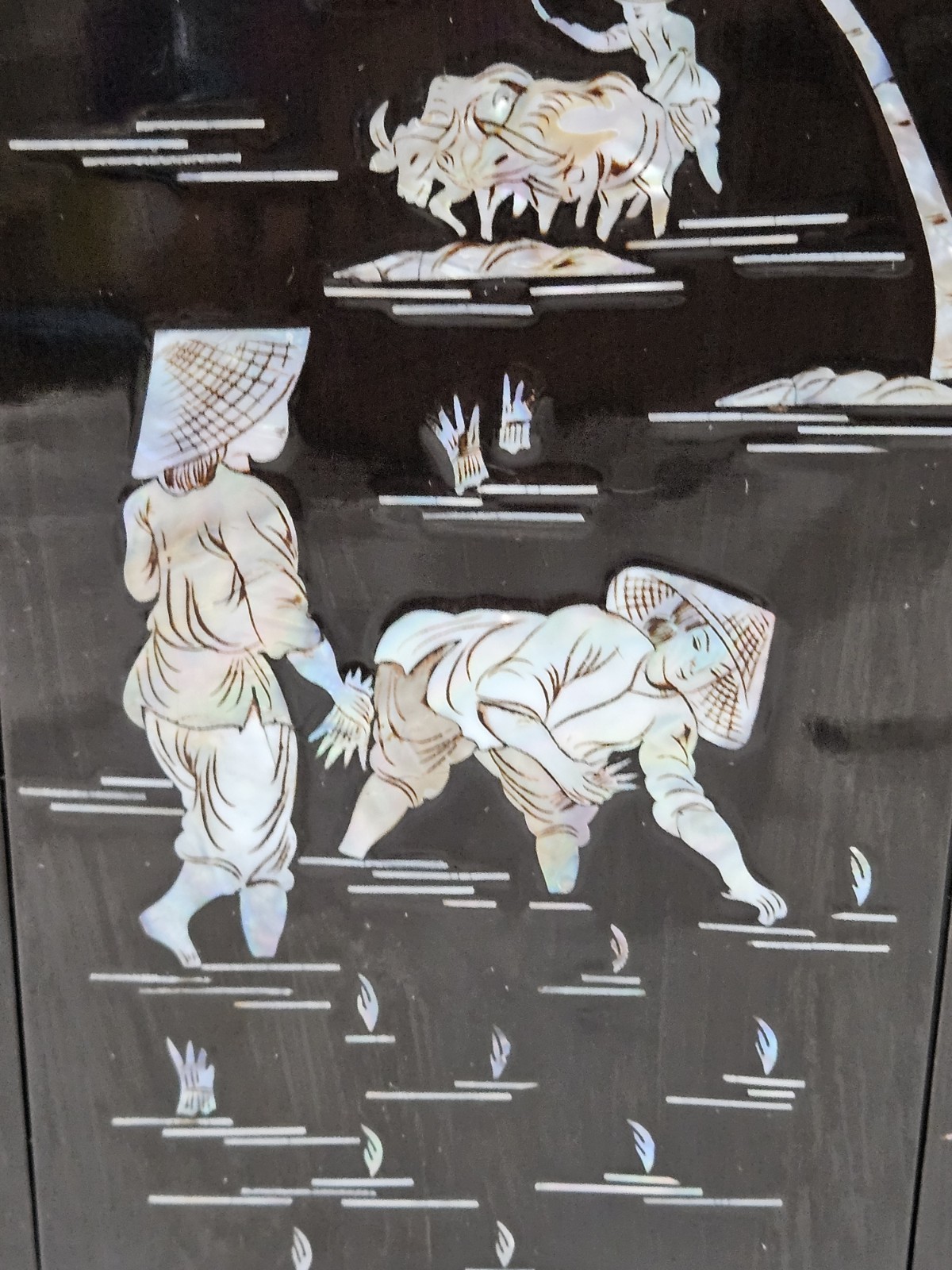 Vintage Asian Black Lacquer Mother of Pearl Inlay Wall Panels Set of 4