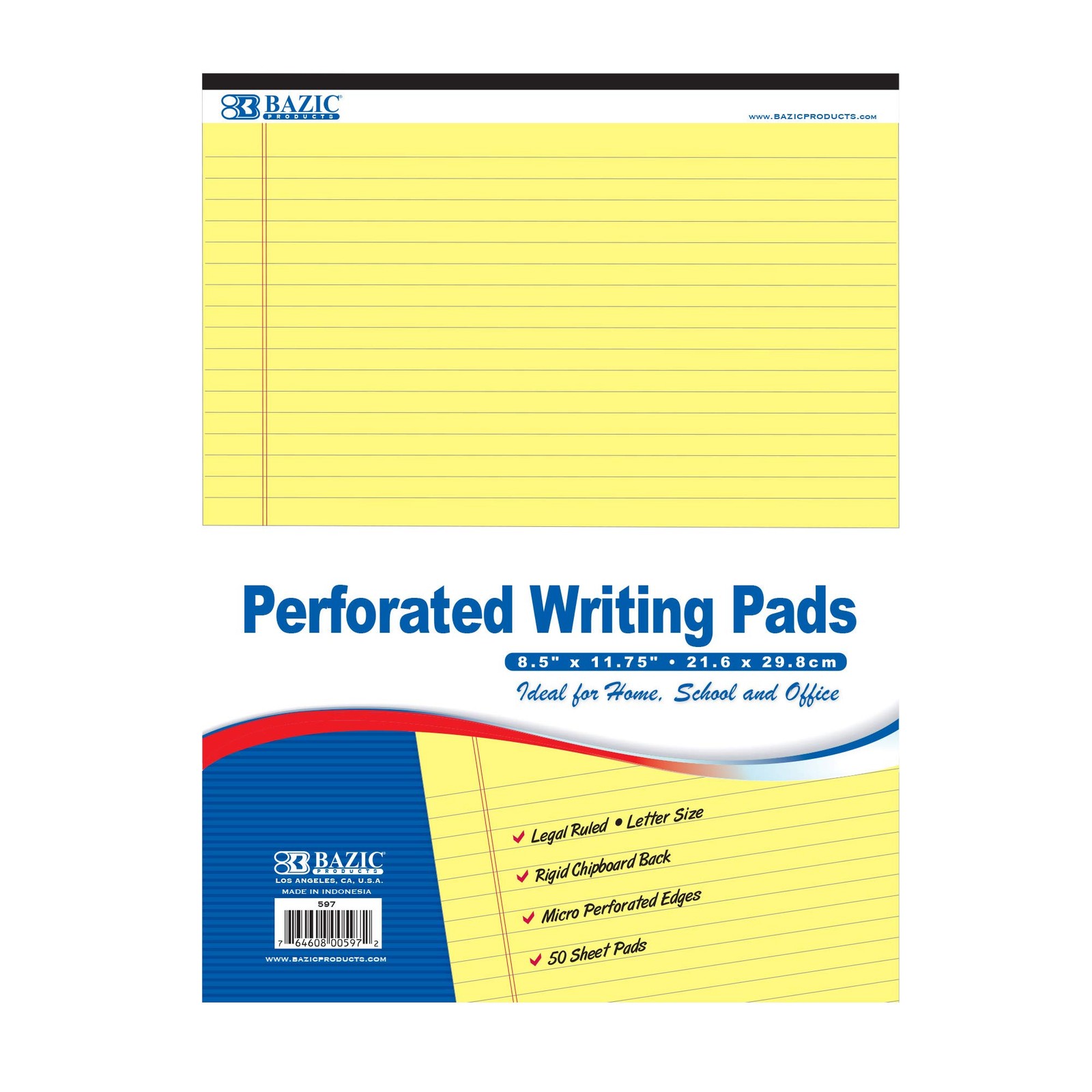 BAZIC 50 Ct. 8.5″ X 11.75″ Canary Perforated Writing Pad,Other School Supplies