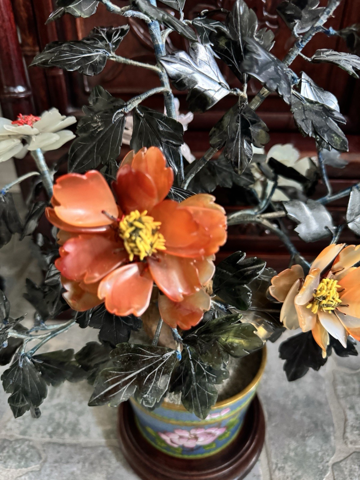 SET PAIR of matching 15” High JADE stone flower tree bonsai with cloisonné Pot