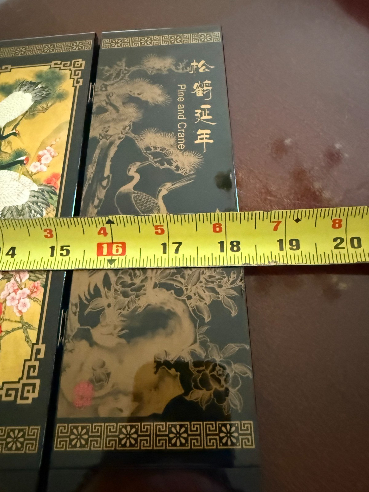 Asian Lacquer Table Folding Screen features a beautiful “Pine & Crane” scenes