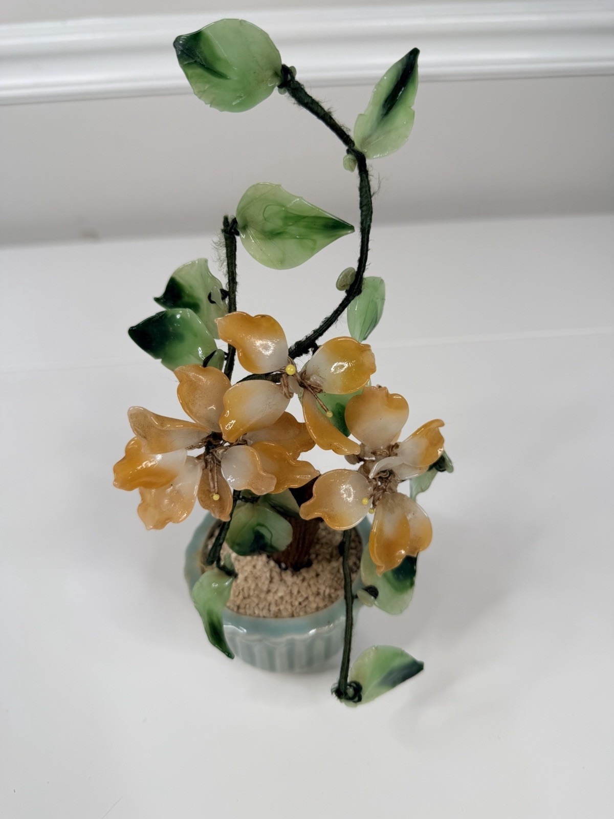 Vintage Asian Jade Glass peach green Cherry Blossom Bonsai Tree 9” Inch