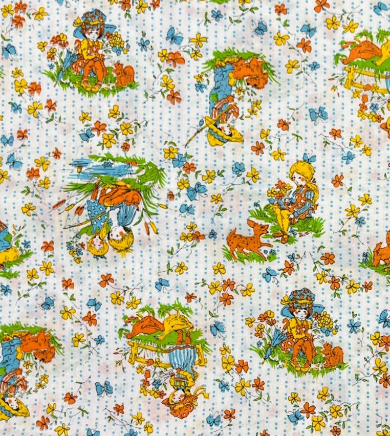 Vintage Child Print Fabric Squirrel Puppy Duck Deer Butterfly 44×129” SEE DETAIL