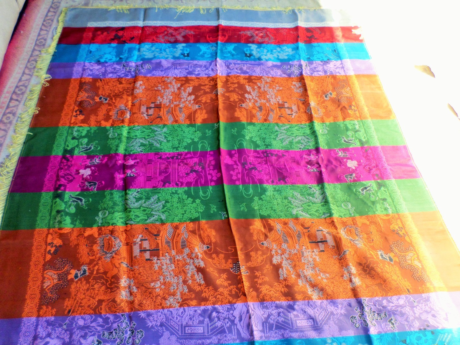 VTG CHINESE SILK BROCADE TABLECLOTH PIANO SCARF ASIAN VILLAGE CELEBRATION 74X56