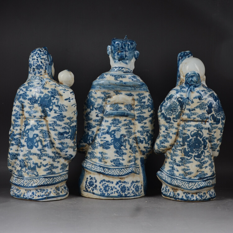 11″ China Blue and White Porcelain 3 Longevity God Fu Lu Shou Life Statues