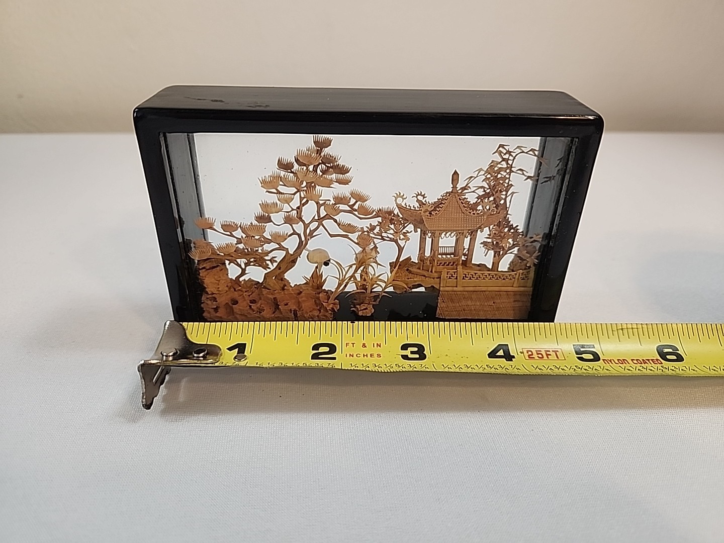 VTG Hand-Carved Chinese Cork & Wood Diorama Encased In Glass Pagoda Storks